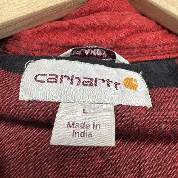 Carhartt Flannel Fleece-Lined Jacket Red Checkered Plaid Padded L Large Outdoors - Picture 7 of 12